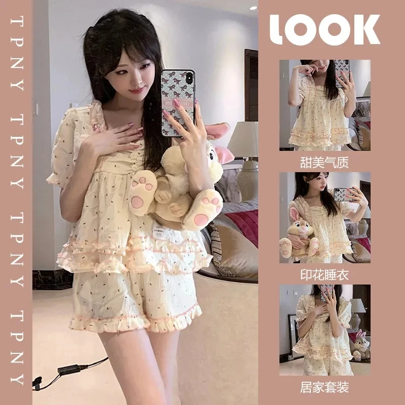 ins韩版甜美少女短袖短裤睡衣夏季2023新款碎花荷叶边家居服套装
