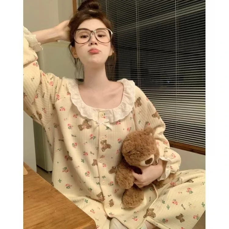 空气棉夹层甜美蕾丝小熊睡衣女套装秋冬季韩版可爱卡通保暖家居服