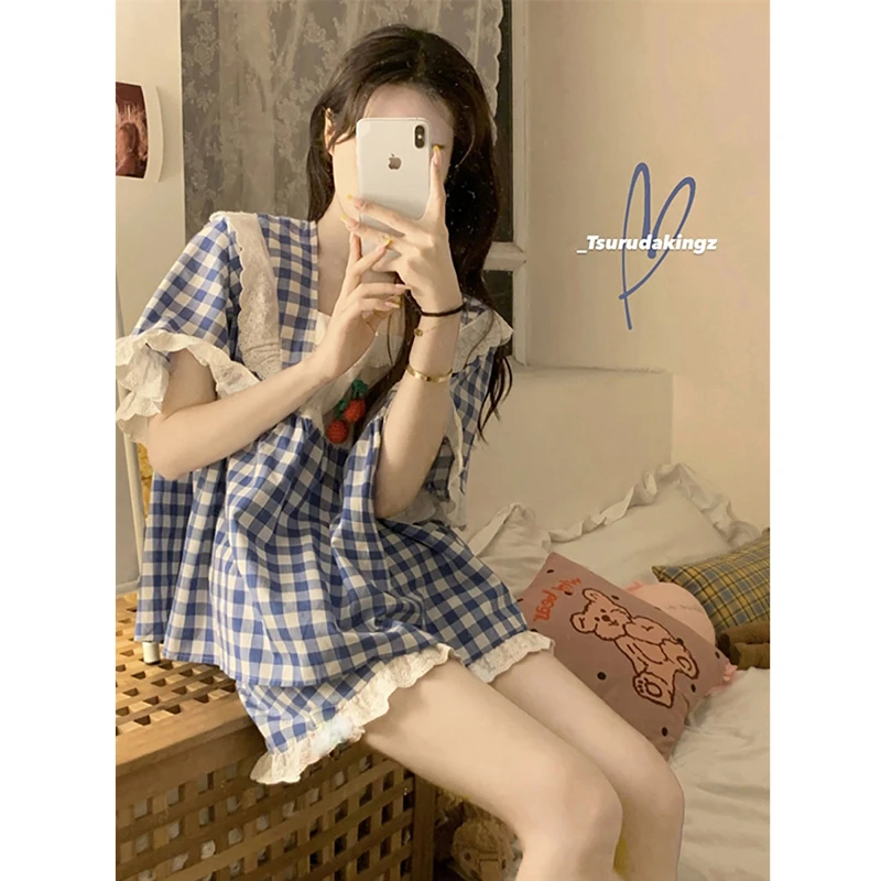 少女甜美小樱桃格子睡衣女2023年新款夏季短袖荷叶边家居服两件套