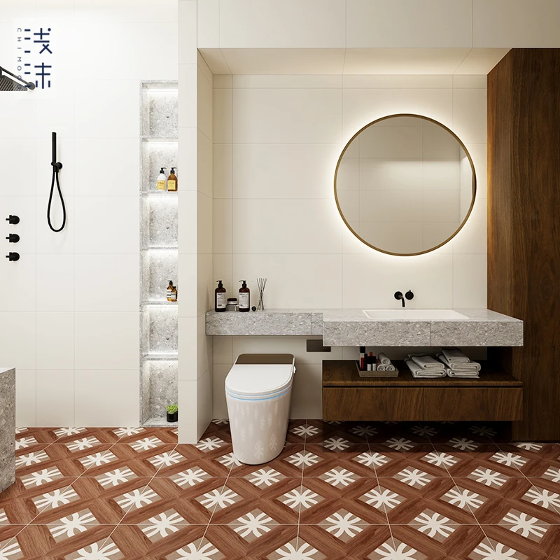 【浅沫瓷砖】法式复古木纹花砖400*400阳台 卫浴