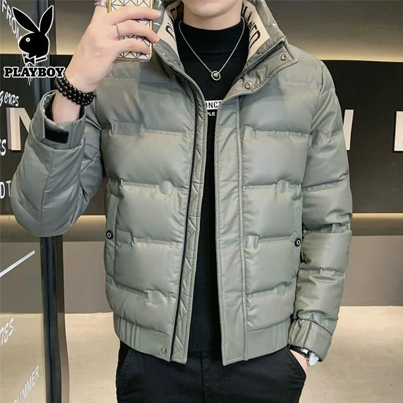 PLAYBOY羽绒服男士冬季立领男装上衣潮流加厚保暖pu皮夹克外套男