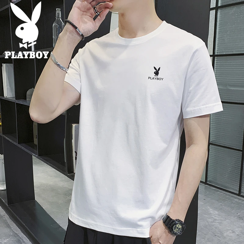 PLAYBOY男士夏季纯棉白色青年时尚百搭半袖上衣短袖T恤T恤短袖