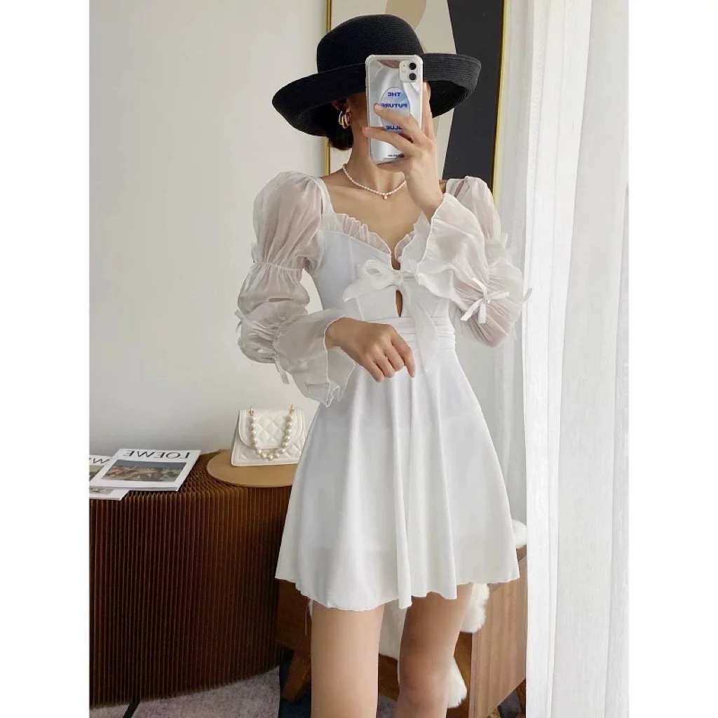 保守仙气泳衣2024新款韩国长袖连体裙式遮肚显瘦学生