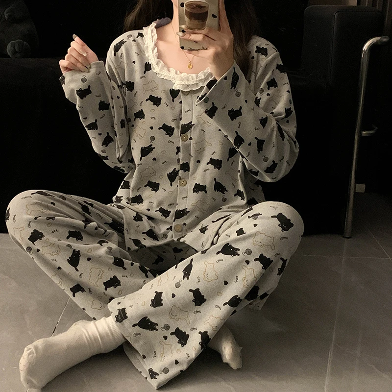 双面德绒睡衣女洋气质甜美卡通可爱小猫蕾丝ins秋冬款保暖套装家