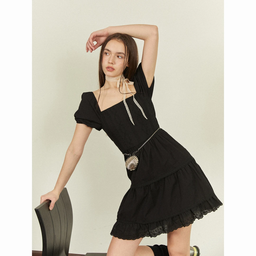 SEEKSIMPLE 泡泡袖方领连衣裙夏季芭蕾风法式短袖裙子D1039