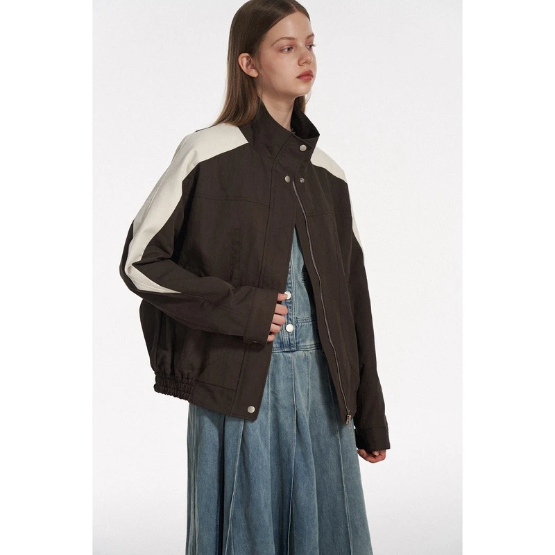 SEEKSIMPLE 纽约留学生 复古短款外套女撞色立领夹克上衣D7188