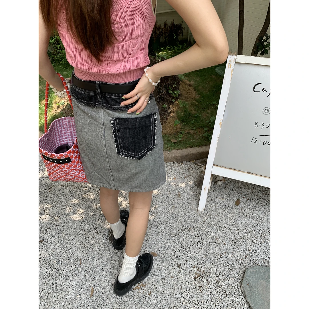 SEEKSIMPLE 拼接牛仔半身裙女夏季直筒高腰显瘦毛边短裙F1306