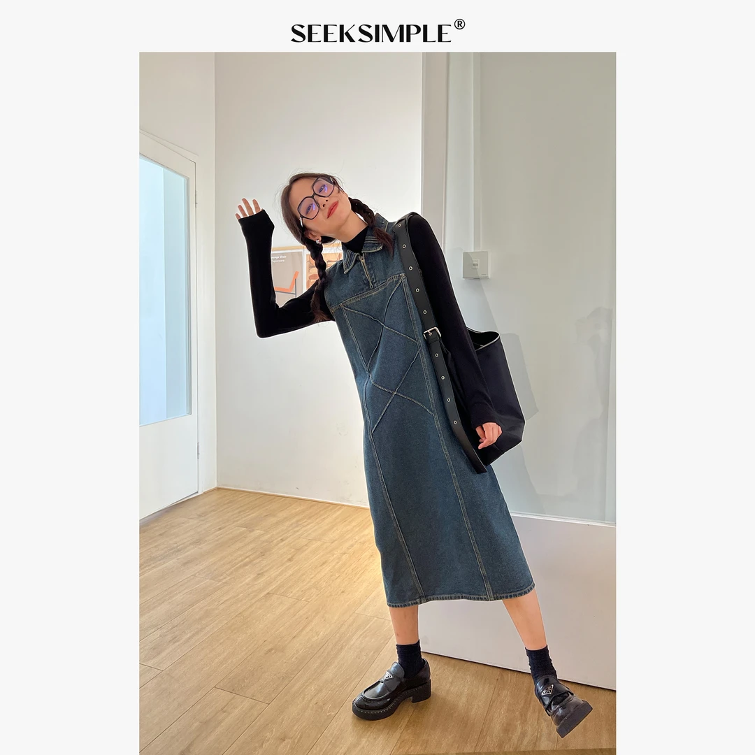 SEEKSIMPLE 牛仔连衣裙女装背心裙收腰显瘦裙子Z23022
