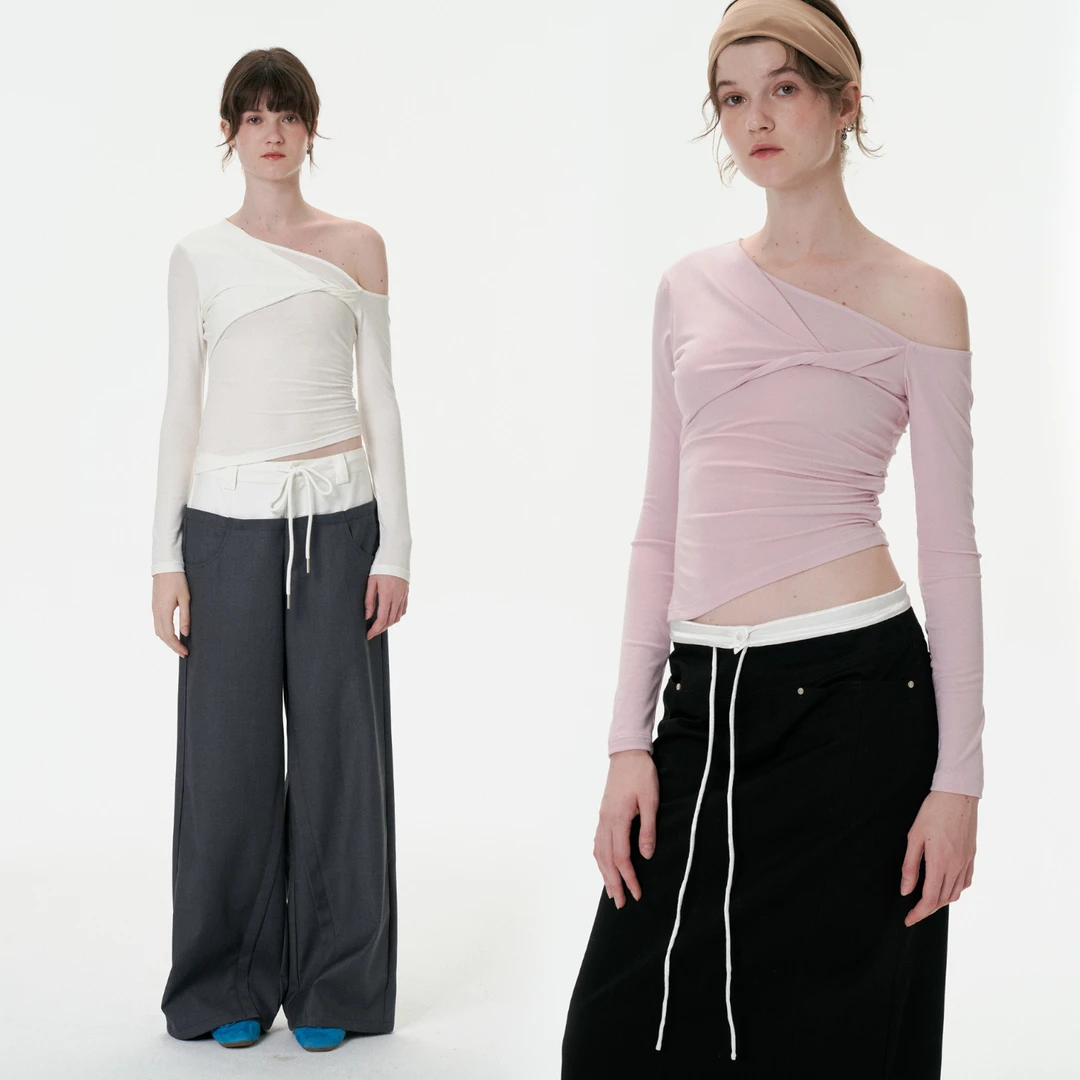 SEEKSIMPLE 少女梦 扭结斜肩褶皱上衣 D4776