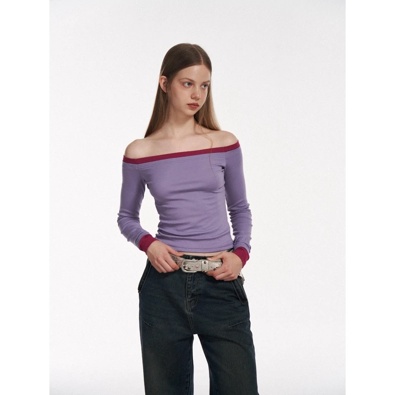 【孤品】 心动信号 一字肩长袖T恤女秋修身显瘦露肩上衣D9245