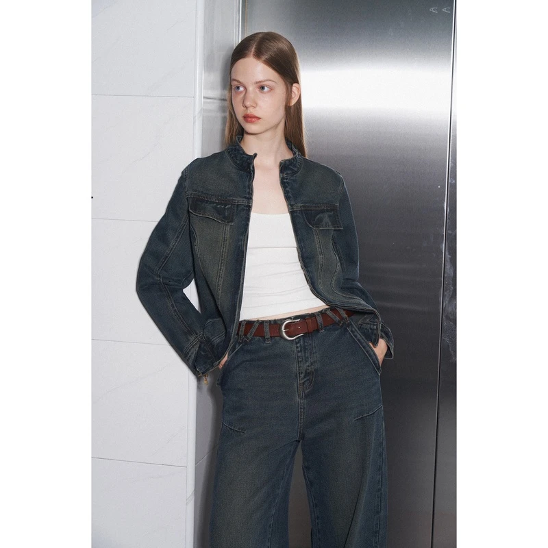 SEEKSIMPLE 美式复古牛仔外套女秋新款辣妹立领短款夹克D8211-2