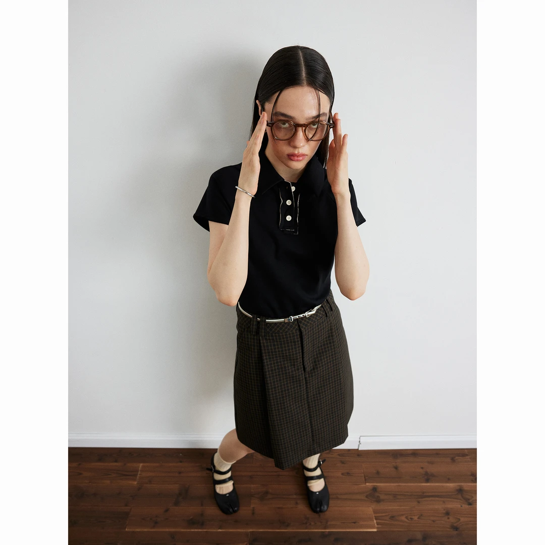 SEEKSIMPLE 美式复古polo领短袖t恤女夏季宽松直筒短款上衣D9070