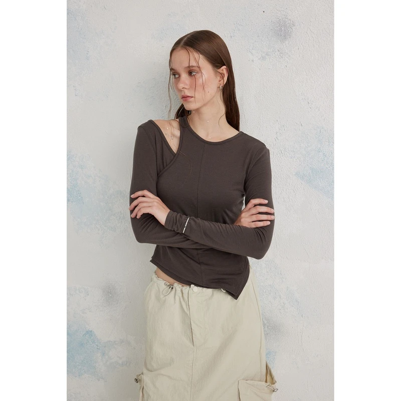 SEEKSIMPLE 初恋白月光 假两件长袖t恤女秋季新款露肩上衣D9181