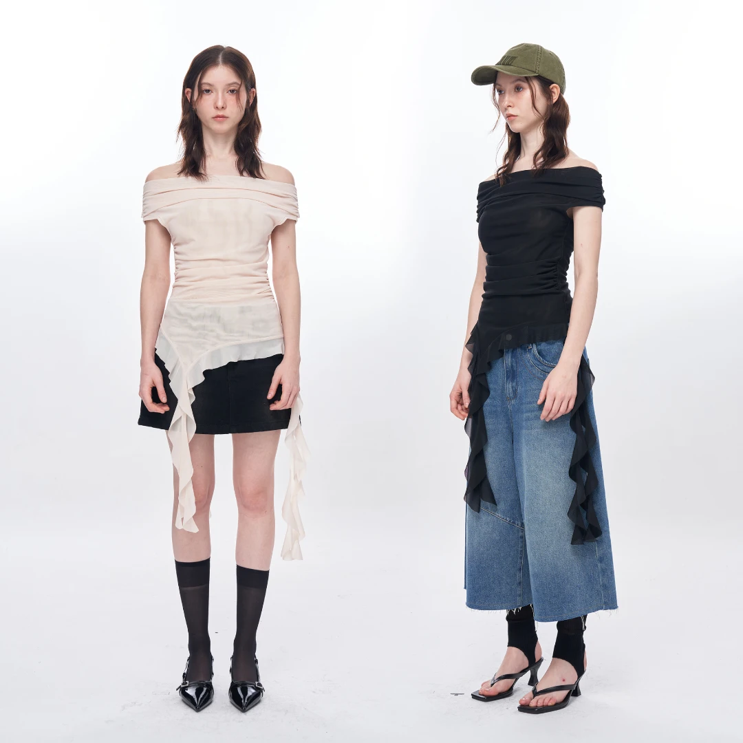 SEEKSIMPLE 夏夜的梦  一字肩飘带上衣D9694.