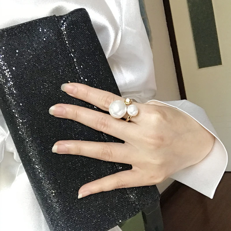合金仿珍珠戒指 仿珍珠开口戒指女个性潮人网红夸张欧美
