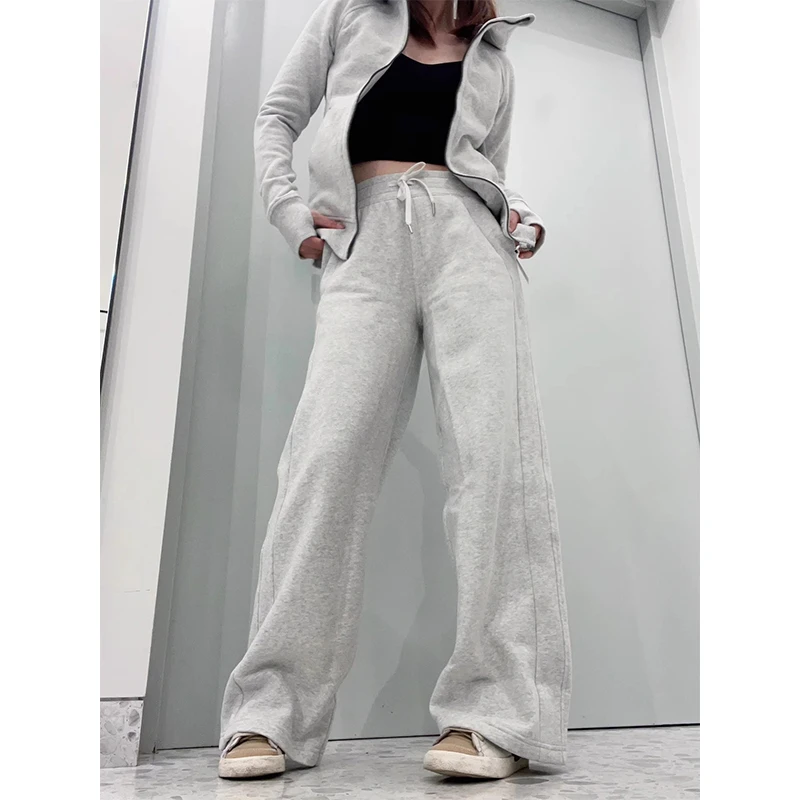 美式高腰微喇叭运动卫裤女加绒加厚阔腿休闲裤秋冬宽松垂感直筒裤