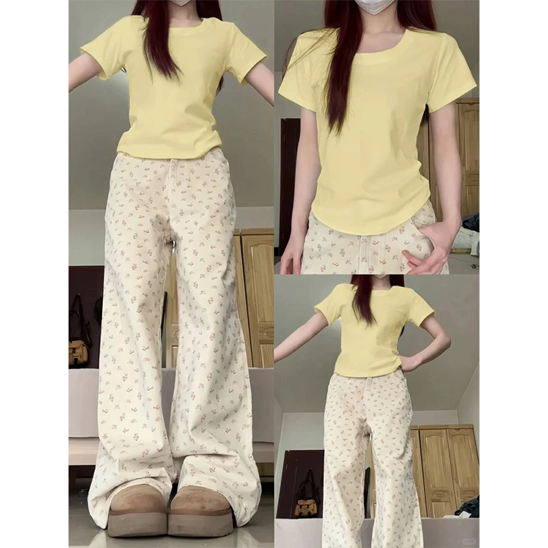 米白色碎花直筒裤女夏季正肩短袖女t恤高腰显瘦休闲牛仔裤套装女