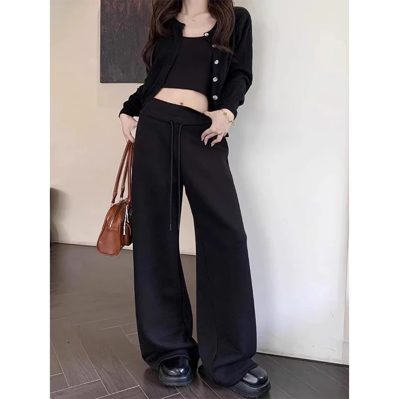 黑色运动裤女直筒裤秋冬长裤高腰休闲加绒加厚宽松垂感阔腿裤卫裤