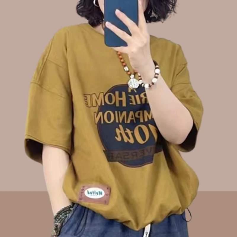 2025新款夏季圆领短袖t恤女上衣宽松胖mm遮肚子藏肉显瘦大码女装