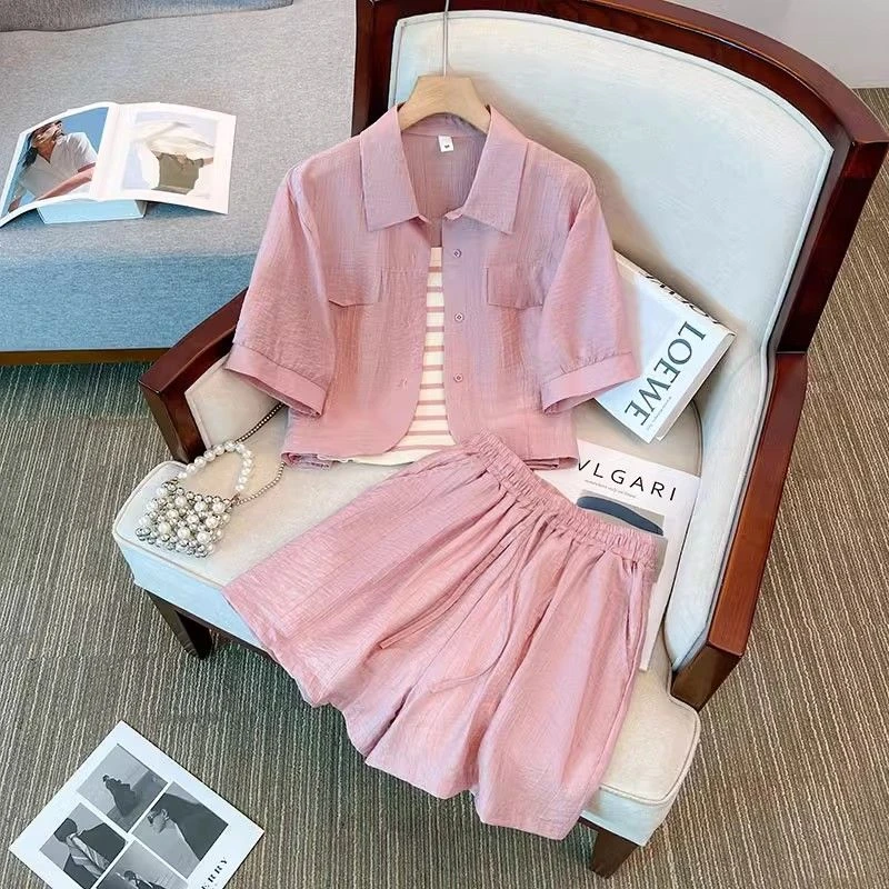 三件套女夏季2025爆款莫奈花园风时尚短袖衬衫吊带背心短裤套装