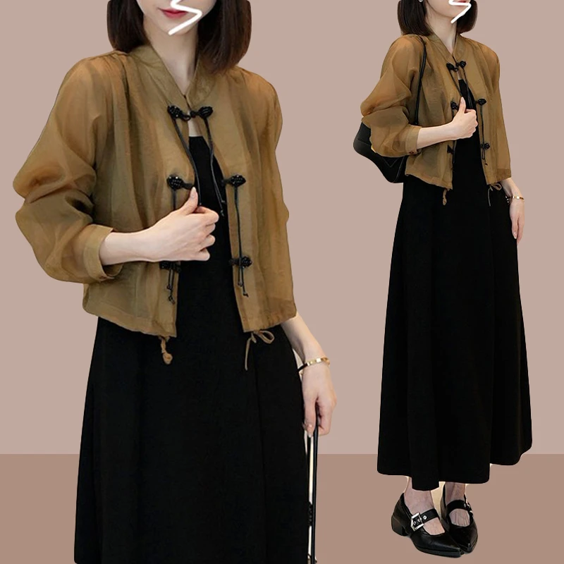 新中式国风套装裙女夏季2025新款黑色吊带连衣裙子开衫外套两件套