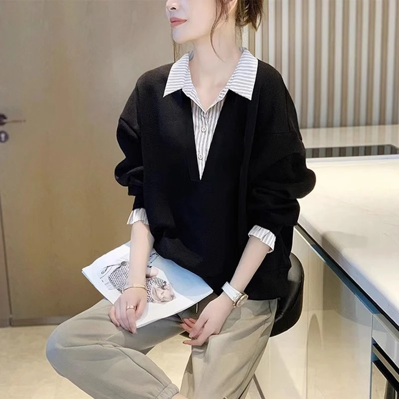 2025春秋新款时尚长袖衬衫女假两件衬衣高端大码休闲精致小衫上衣