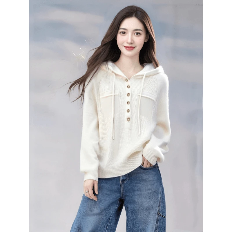 韩系设计感显瘦连帽针织衫女2025早秋季新款时尚别致打底针织上衣