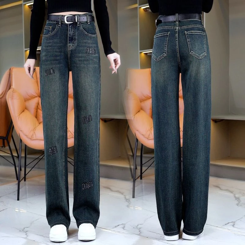加绒牛仔裤女秋冬新款2025窄版宽松显瘦大码直筒裤百搭高腰休闲裤