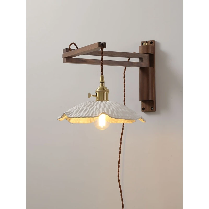 日式复古伸缩折叠壁灯黑胡桃木客厅卧室床头旋转简约文艺壁挂式灯