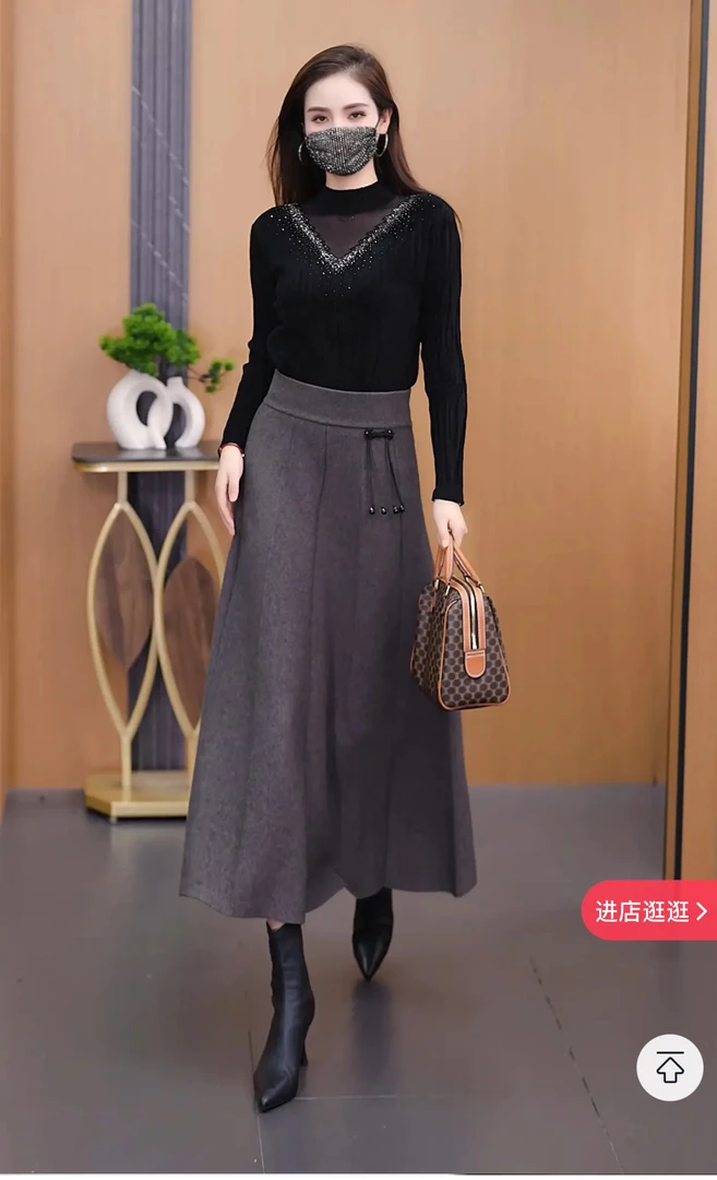 2024秋冬新款侧盘扣针织显瘦女士高腰弹力时尚松紧腰半身裙