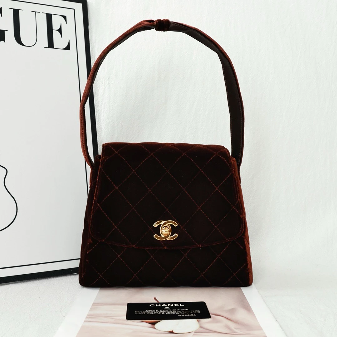 95新 Chanel/香奈儿 Chanel 红棕色 丝绒 kelly mini/622886114