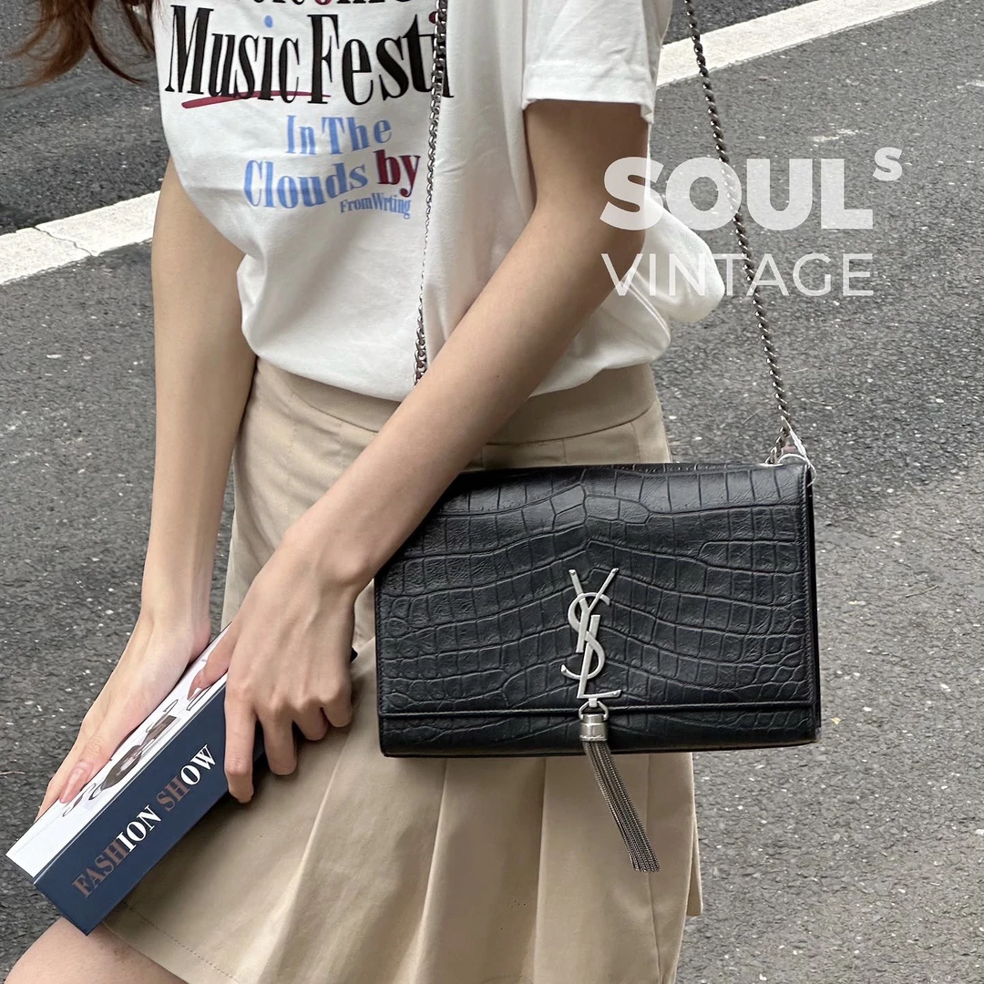 95新 YSL/圣罗兰 Ysl黑银 鳄压牛皮kate流苏链条包/626623826