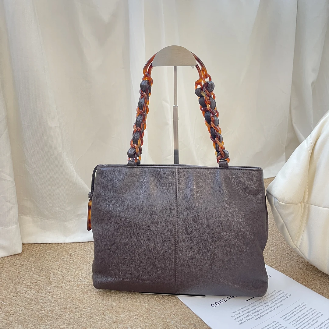 95新 Chanel/香奈儿 咖色 鱼子酱 玳瑁链条托特单肩包/645061313