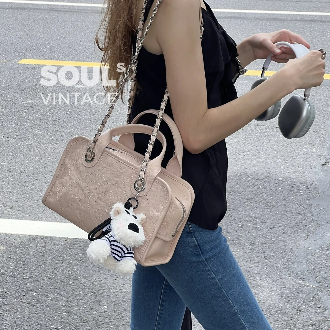 95新 Chanel/香奈儿 Chanel 淡粉色 荔枝牛 银扣保龄球/602602635