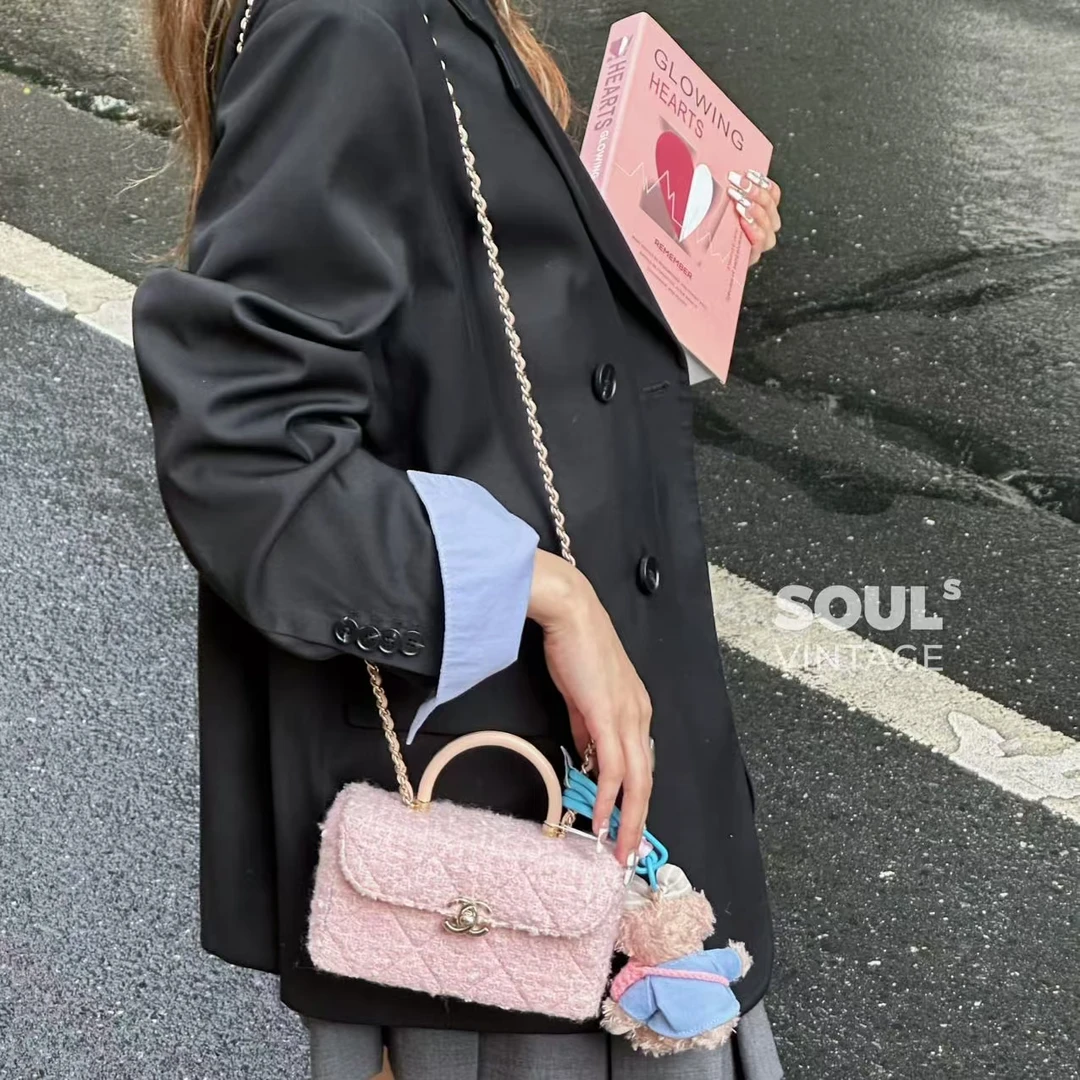 95新 Chanel/香奈儿 粉金 软呢23K菱格纹手柄盒子包/682487838