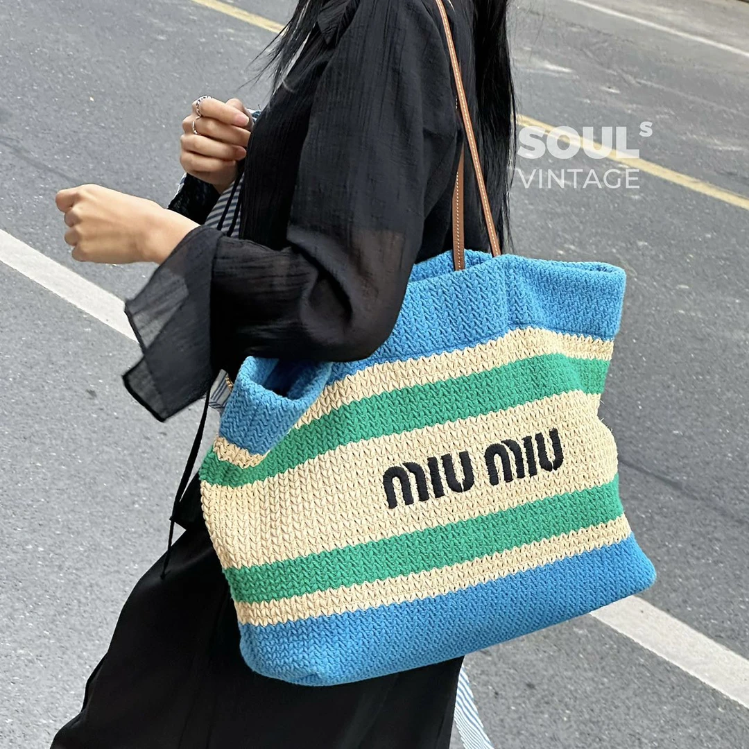95新 MIU MIU/缪缪 Miumiu 蓝绿编织 托特包/668820638
