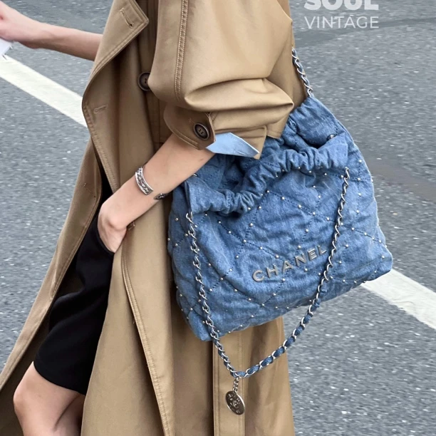 95新 Chanel/香奈儿 Chanel 牛仔丹宁 铆钉22bag小号/644021516