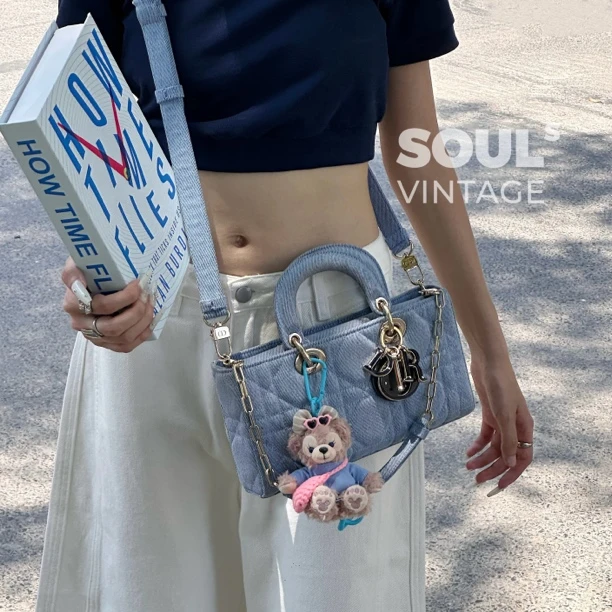 95新 DIOR/迪奥 Dior 蓝色牛仔金扣横版戴妃手提斜挎包/649877854