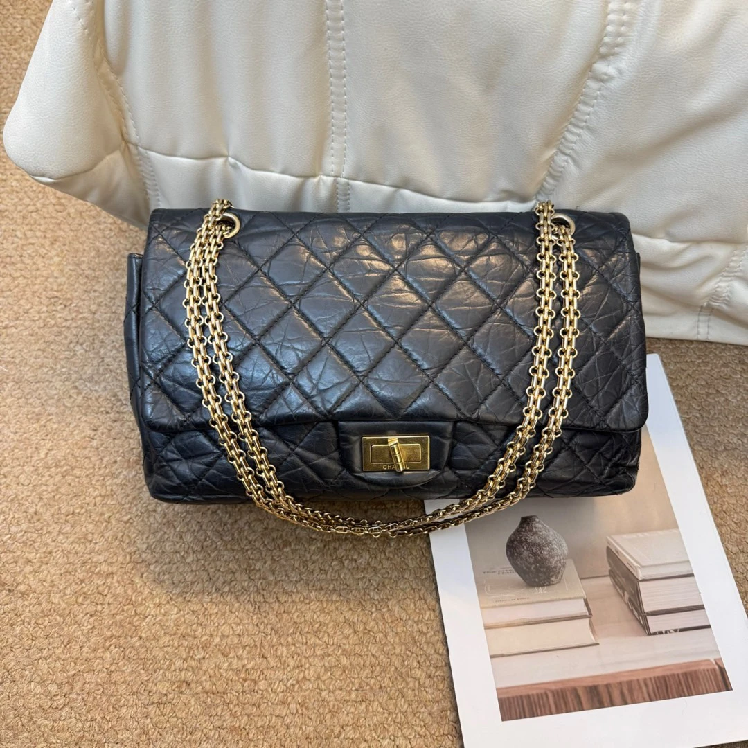 95新 Chanel/香奈儿 Chanel 黑金 褶皱牛 2.55大号/632189029