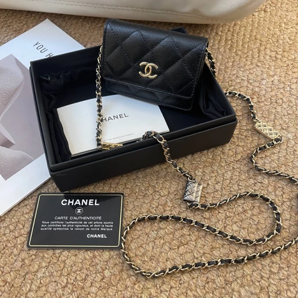 95新 Chanel/香奈儿 Chanel 黑金 鱼子酱21K链条卡包/647395471