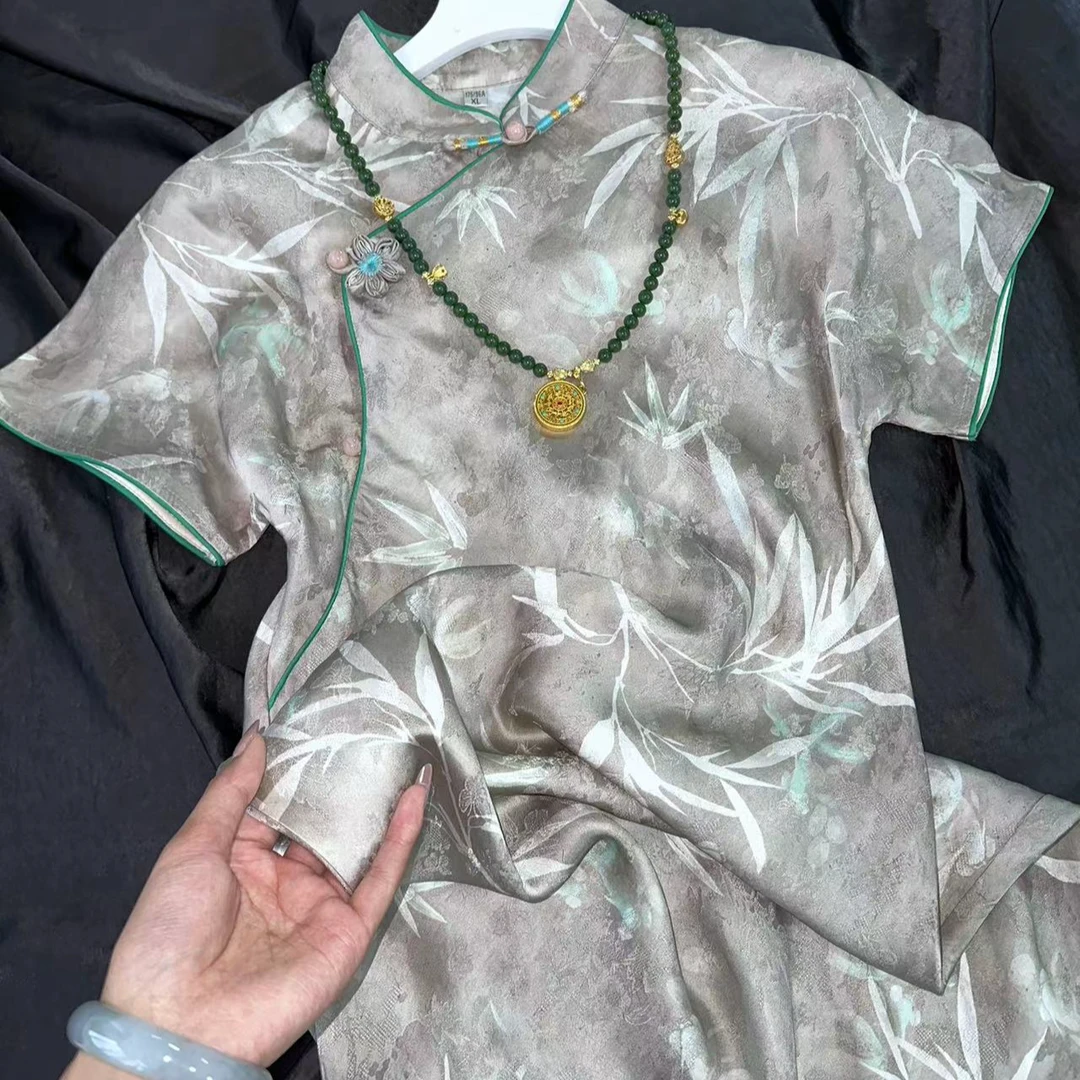 1121-常熟新中式中国风旗袍网红夏季复古日常香云纱提花旗袍