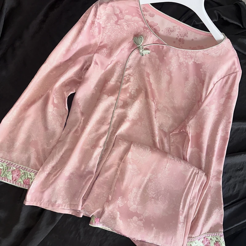 2417-常熟新中式【桃夭】秋季新款女士显瘦百搭日常长袖睡衣套装