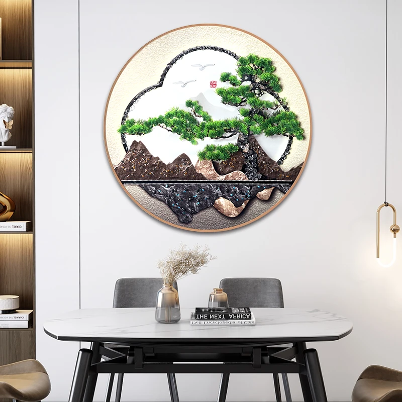 DF30轻奢圆形实物画迎客松玄关圆形装饰画新中式入户正对门挂画