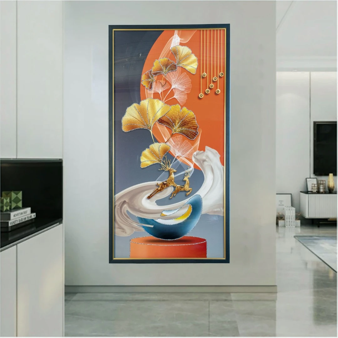 X95现代简约入户玄关装饰画轻奢大气走廊背景墙画福禄竖版实物画