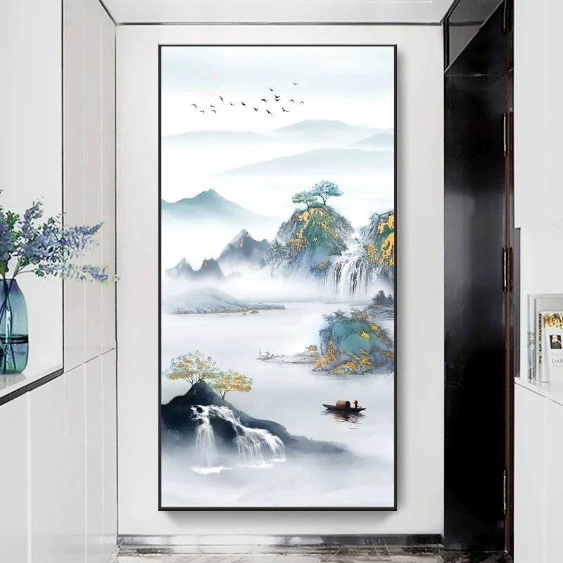 X110新中式入户玄关装饰画走廊过道客厅正对门山水画现代简约挂画
