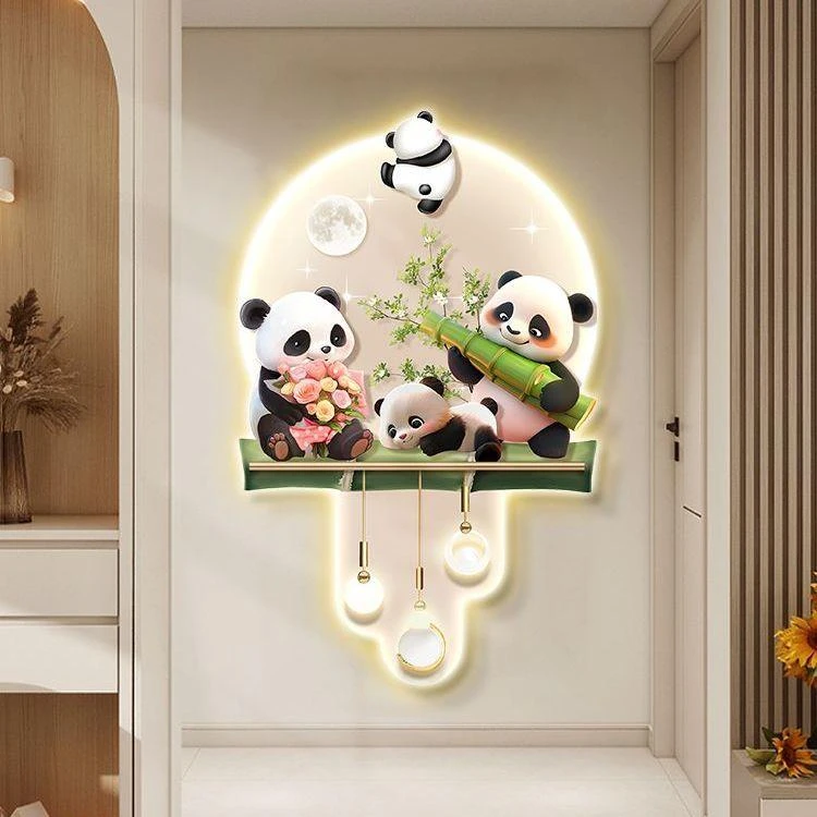 熊猫玄关装饰画走廊过道背景墙挂画高级感壁画进门正对墙发光灯画