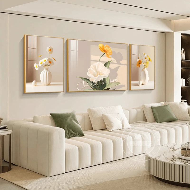 沙发背景墙装饰画客厅墙壁画时尚奶油风大厅装饰画挂画三联晶瓷画