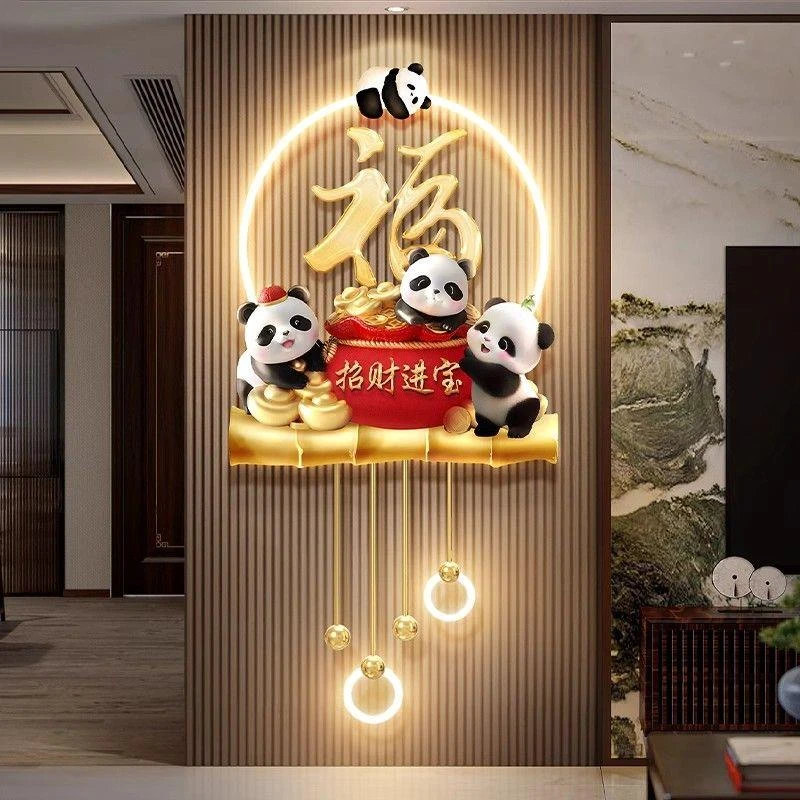熊猫福字客厅电视机格栅装饰挂件轻奢招财进宝玄关背景墙壁画带灯