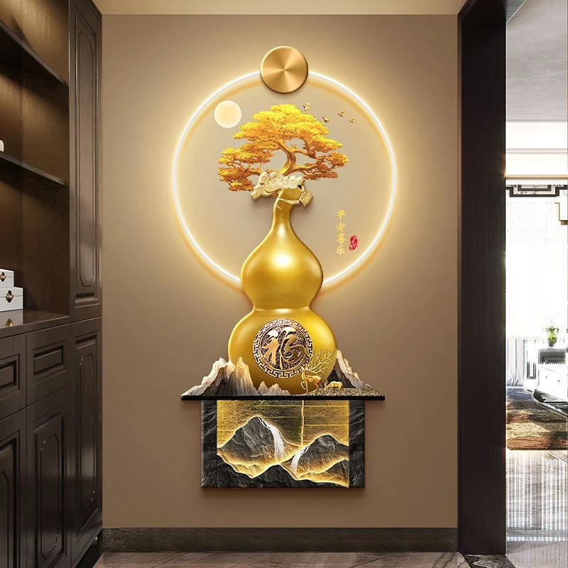 葫芦玄关装饰画新中式背有靠山走廊挂画发财树入户门茶室带灯壁画