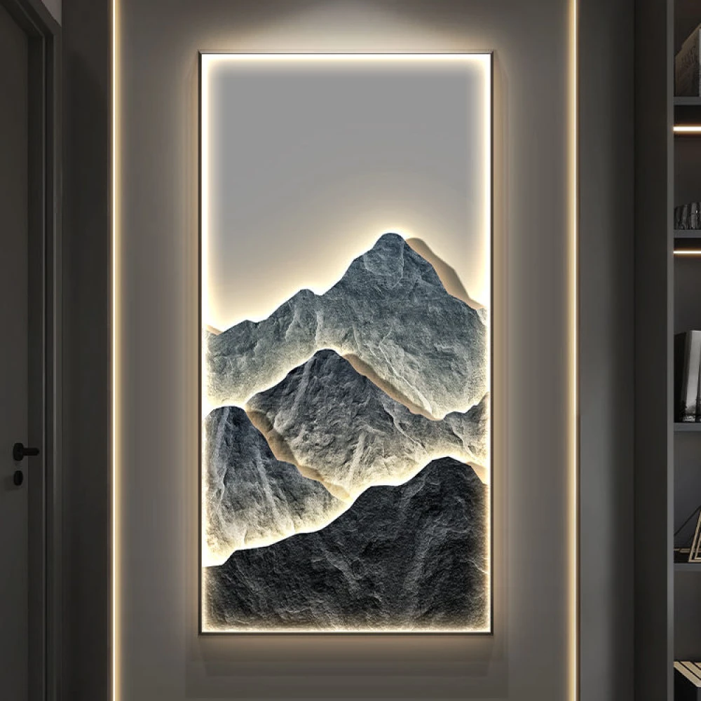 日照金山现代轻奢入户玄关过道走廊装饰画发光壁灯画中式山水挂画